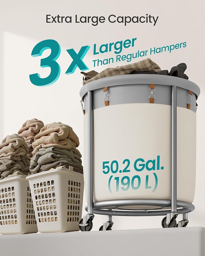 SONGMICS Laundry Basket with Wheels, 190 L, Steel Frame, Removable Bag - Image 3