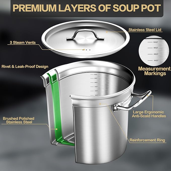 Stainless Steel Stockpot – 50QT Stock Pot with Lid, Heavy-Duty Tri-Ply Bottom Cooking Pot for Canning, Boiling Beer Brewing, Soup, Seafood Boil – Satin Finish Stainless Steel Soup Pots