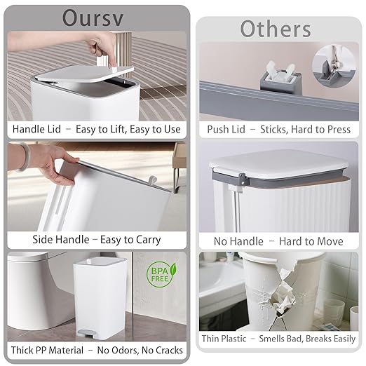 Small Bathroom Trash Can with Lid, 2.1 Gallon Slim Step Trash Can, Narrow - Image 4