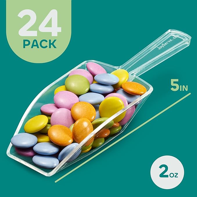 24-Mini Clear Acrylic Plastic Scoops for Candy - Ice Cream Bar, Jars, Containers, Coffee, Flour, Dessert Toppings, Buffets, Kitchen, Weddings, Parties & Concessions, Candy Buffet, 5.5" Candy Scoops