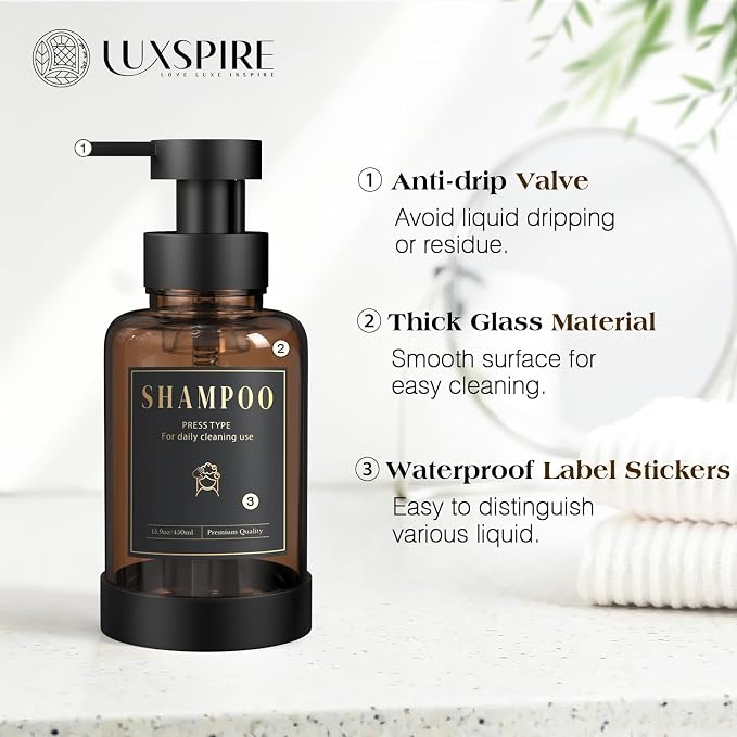 Luxspire 15oz Glass Foaming Soap Dispenser Set, Amber + Dark Gray, 2 Pack | - Image 3