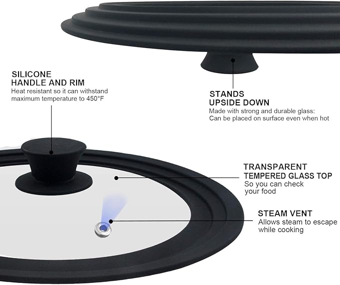 Universal Lid for Pots, Pans and Skillets & Frying Pan - Small Pan lids Fits 6.5", 7" and 8" Diameter Cookware - Tempered Glass with Heat Resistant Silicone Rim