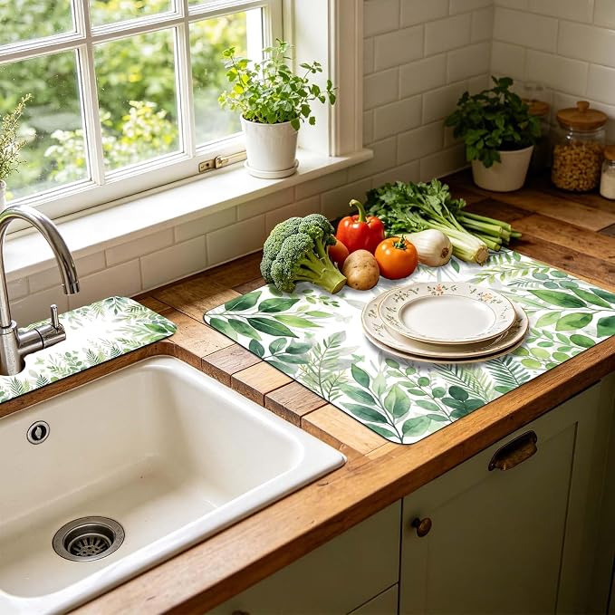 3 Pcs 2 Size Kitchen Sink Splash Guard Faucet Mat Watercolor Leaves Pattern - Image 5