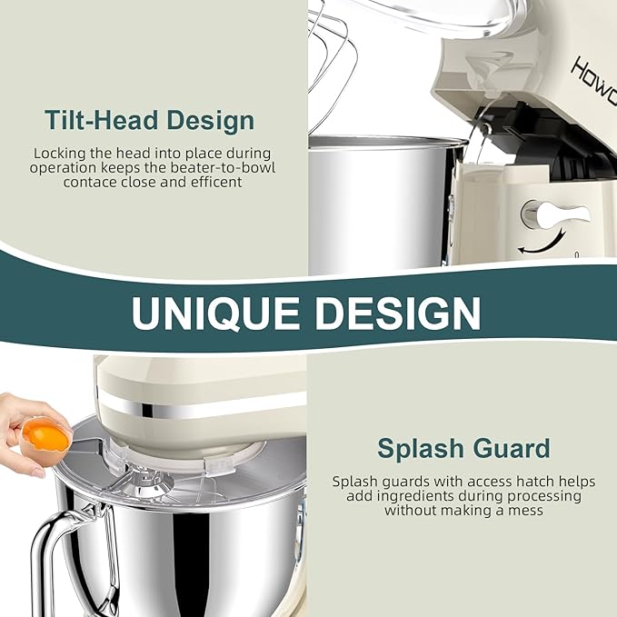 HOWORK Electric Stand Mixer,10+p Speeds Kitchen Mixer With 6.5QT Stainless Steel Bowl,Dough Hook, Wire Whip & Beater,for Most Home Cooks White
