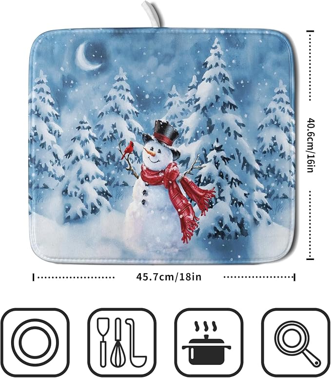 Blue Snowman Dish Drying Mat Winter Pine Tree Drainer Rack Mats 16x18 Inch - Image 2