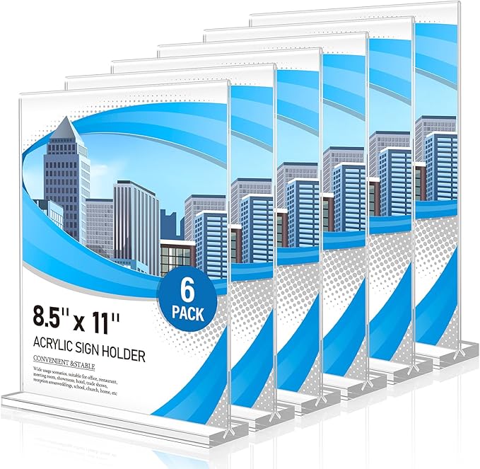 Acrylic Sign Holder 8.5 x 11 6 Pack, Double-Sided Clear Sign Holder Plastic Stands for Display, Table Sign Stands, T Shape Flyer Holder