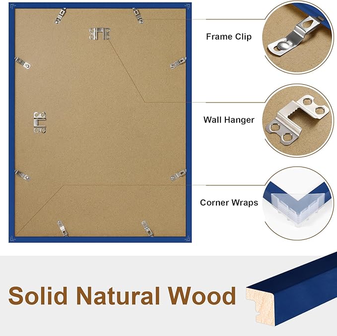 Vittanly 12x16 Picture Frame, Solid Wood Frame with Plexiglass, Includes 8.5x11 Mat, Wall Hanging for Photos, Home Decor, Royal Blue, 1 Pack