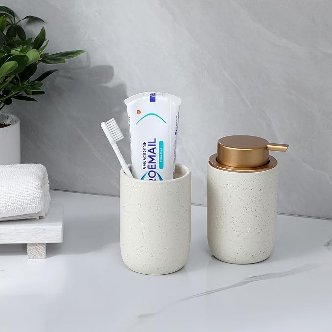 Ceramic Pump Bottle Refillable Lotion Soap Dispenser 12oz Beige | Matte - Image 2
