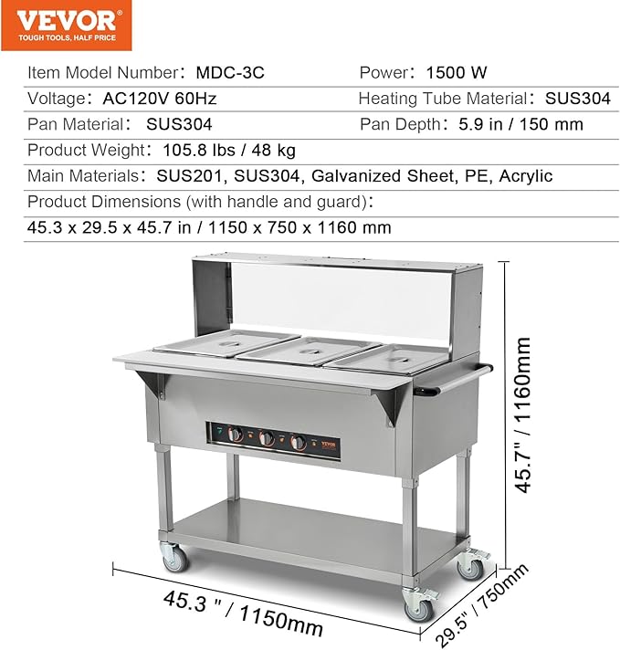 VEVOR 3-Pan Commercial Food Warmer, 3 x 20.6QT Electric Steam Table, 1500W Professional Buffet Catering Food Warmer with Acrylic Sneeze Guard, Food Grade Stainless Steel Server for Party Restaurant
