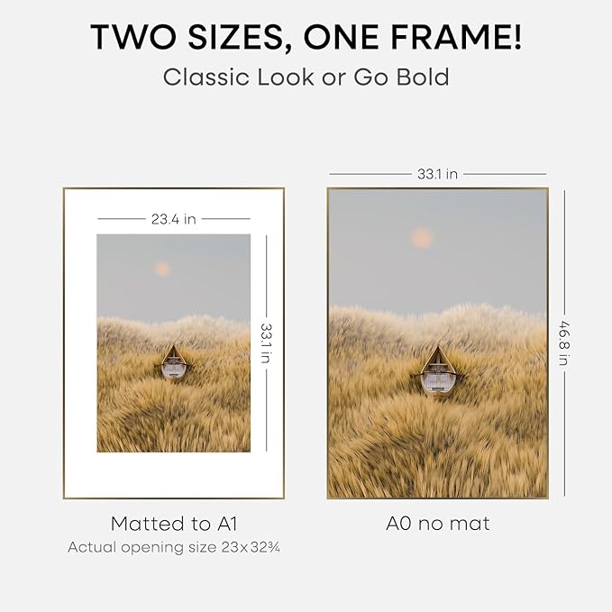 Homeforia A0 Poster Frame Bronze, High End Metal 33.1 x 46.8 inch Large Picture Frames with Mat for 23.4 x 33.1 Photo, A0 Size Brass Frame Matted to A1 Print, 33.1x46.8 Frame, Tempered Glass, Set of 1