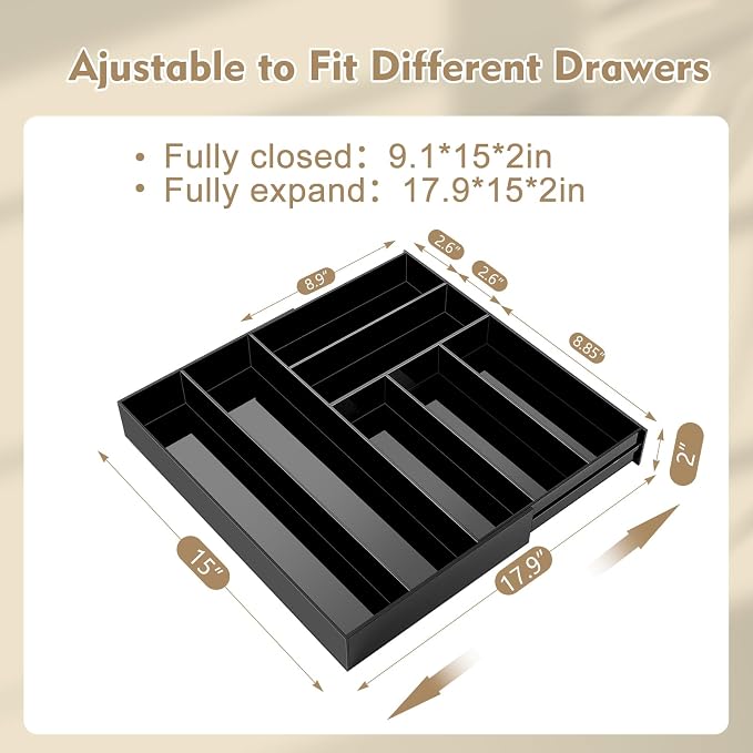 Briwooody Black Acrylic Drawer Organizer Expandable, 7 Compartments, Large | - Image 2