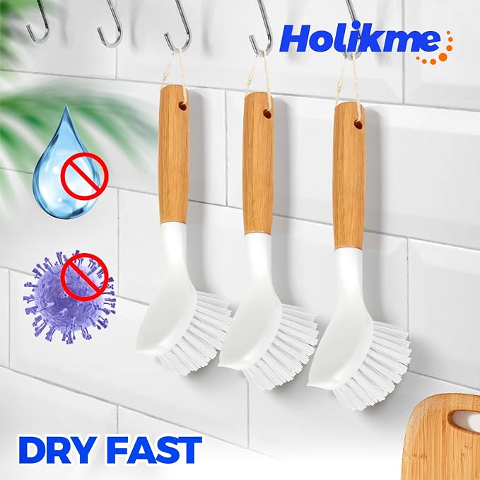 Holikme 3 Pack Dish Brush with Bamboo Handle Cleaning Brush, Pans and Vegetables - Image 5