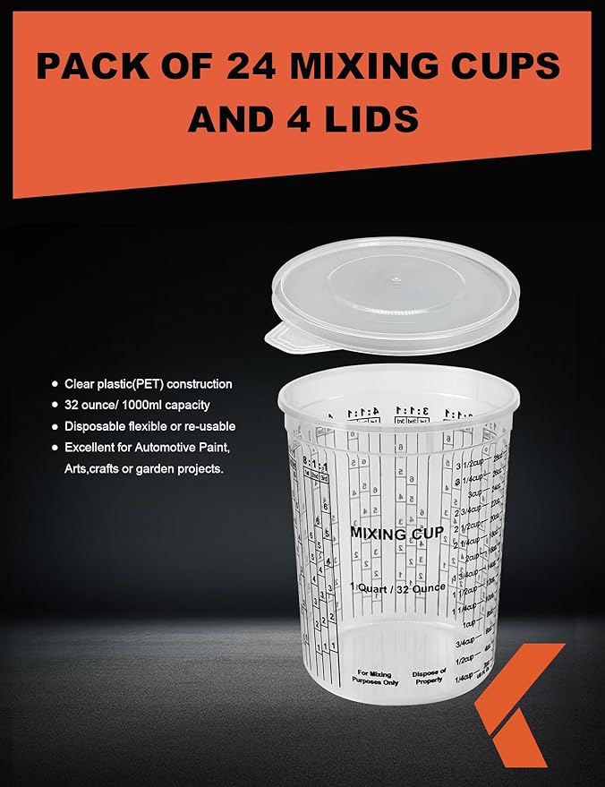 32 OZ Paint Mixing Cups Disposable Flexible Clear Graduated Plastic Measuring Cups Box of 24 Cups & 4 Lids Use for Automotive Painting, Epoxy Resin, Acrylic Arts, Kitchen - Mixing Ratios