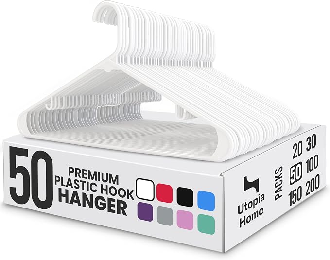 Utopia Home Plastic Hangers 50 Pack – Built-in Strap Hooks White | Space saving by UTOPIAHOME