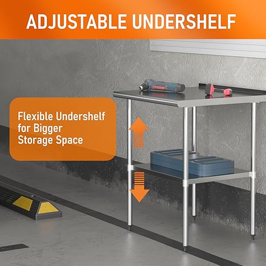 HOCCOT Stainless Steel Table 24" x 30" with Adjustable Undershelf and Backsplash, Commercial Metal Workstations for Kitchen, Garage, Outdoor BBQ