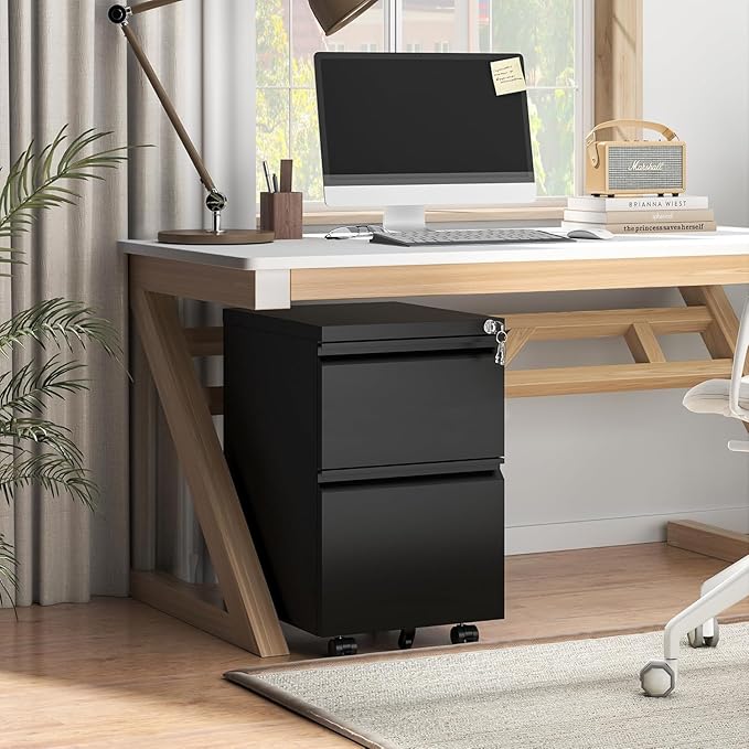 Fully Assembled 2 Drawer File Cabinet, Locking Full Steel Filing Cabinet, Quiet Slides, Anti-Tipping Wheels, Fits A4/Letter/Legal, for Home & Small Office, Matte Black
