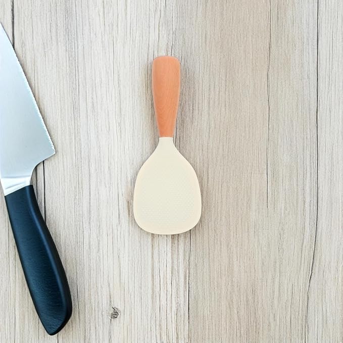 Heat Resistant Silicone Rice Paddle with Wooden Handle Non-Stick Self-Standing Rice Scoop for Cooker Ergonomic Anti-Slip Grip Kitchen Serving Spoon