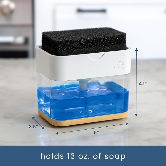 S&T INC. Dish Soap Dispenser and Sponge Holder, Plastic Bamboo and White | - Image 5