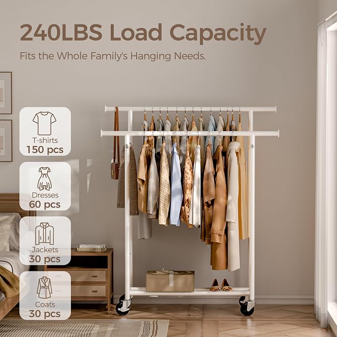 HYSEYY Clothes Rack, Double Rods Rolling Clothing Rack - Image 2