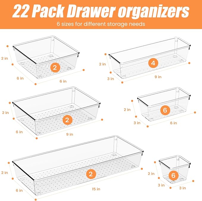 22 Pcs Drawer Organizer Bins, Acrylic Non Slip Kitchen Drawer Organizers - Image 2