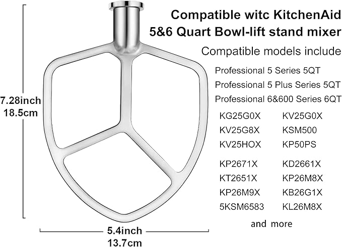 Stainless Steel Paddle Flat Beater for Kitchen Aid 5qt Plus & 6quart Bowl Lift Stand Mixer Accessories Kitchen Aide Attachments Dishwasher Safe