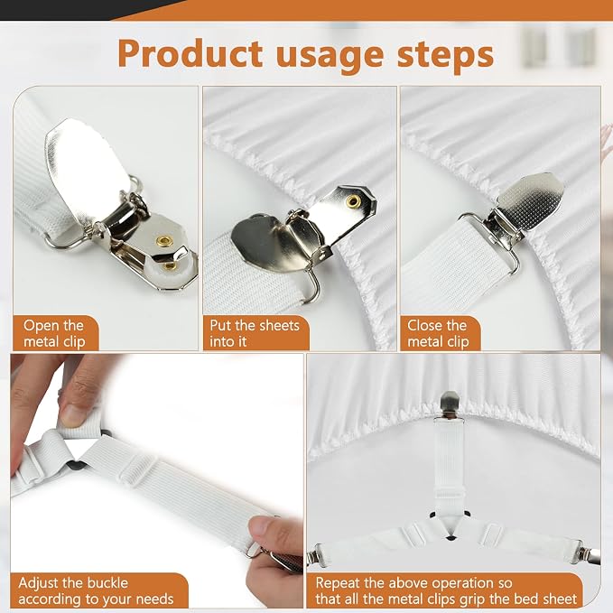 4PCS Bed Sheet Straps with Metal Clips, Adjustable Elastic Fitted Sheet Holders - Image 4