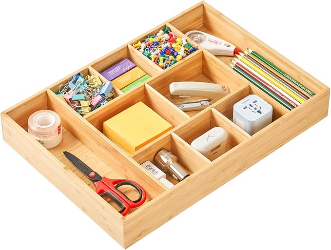 Extra Large Bamboo Desk Drawer Organizer, Wood Junk Organizer Tray by Umilife