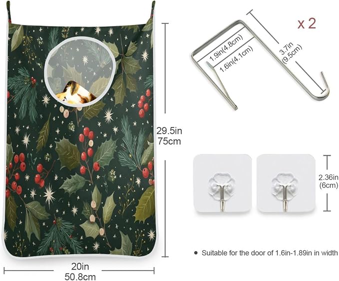 Green Christmas Holly Berries Pine Needles Leaves Hanging Laundry Hamper Door - Image 3