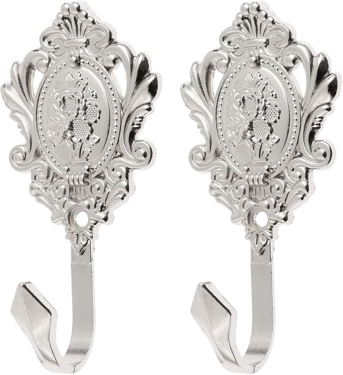 Curtain Tiebacks Small Lightweight Hooks, Vintage Silver Rose Pattern, Includes - Image 3