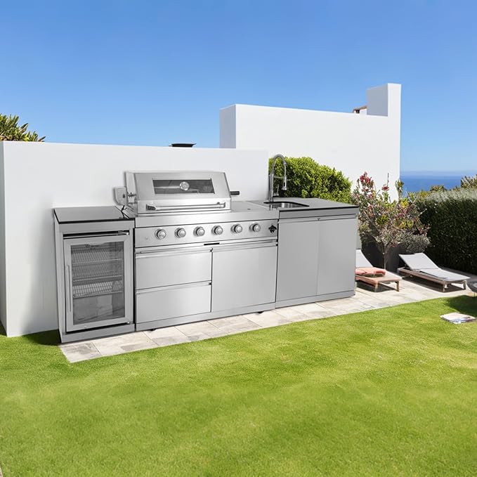 4 Burner Outdoor Kitchen Island with Grill and Side Burner, Deluxe Stainless Steel Modular Outdoor Kitchen, 72000 BTU, Gas Propane BBQ Island with Refrigerator, 2 Doors Sink, Rotisserie, 104"W, Silver
