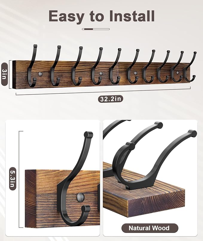 Optish 1 Pack Wooden Coat Rack Wall Mount, 16.1" Rustic Coat Hanger Hooks - Image 2