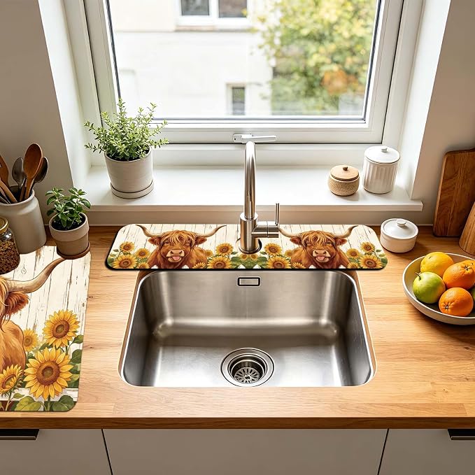 3 Pcs 2 Size Kitchen Sink Splash Guard Faucet Mat Highland Cow Pattern Faucet - Image 6