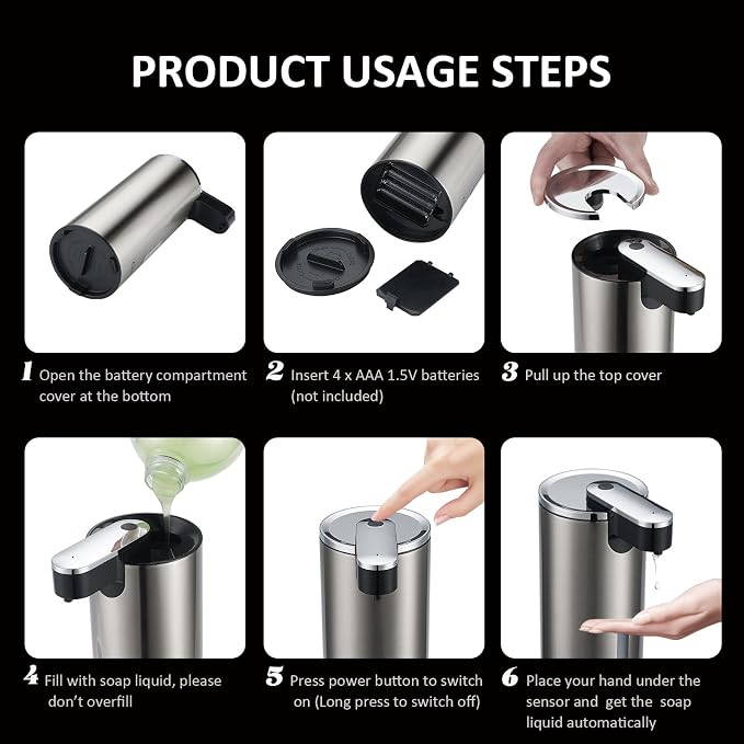 Automatic Liquid Soap Dispenser Touchless, Stainless Steel, 12oz/340ml | Hand - Image 7