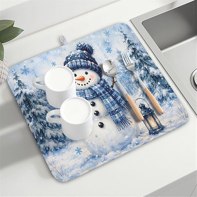 Kawani Winter Snowman Decorations Dish Drying Mat 16x18 Inch | Blue Snowman - Image 8