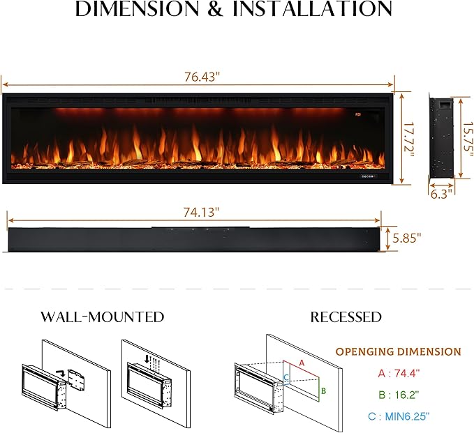 74 inch Electric Fireplace, Smart Fireplace Insert recessed in Wall and Wall Mounted fire Place Heater with Metal Frame, Multicolor Flame & Realistic logs，Thermostat& Timer, 1500W, Black