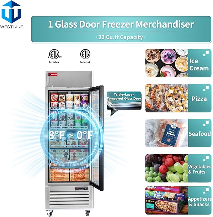 WESTLAKE 27" W Commercial Display Freezer Single Glass door 23 Cu.ft Stainless Steel Merchandiser Reach-in Upriht Fan Cooling Digital Temperature Control Display Freezer for Restaurant, Bar, Shop, etc