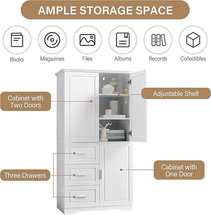 Storage Cabinet with Three Drawers and Doors, Wide Pantry Cupboard for Kitchen, Living Room and Bathroom, Adjustable Shelf, White