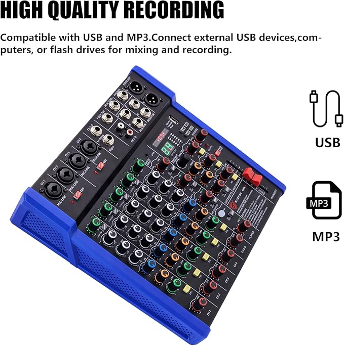 EXOTON Professional Audio Mixer Console, 6 Channel with USB, Bluetooth, MP3 Input, 48V Phantom Power, Ideal for Studio, Live Performance, and DJ Use