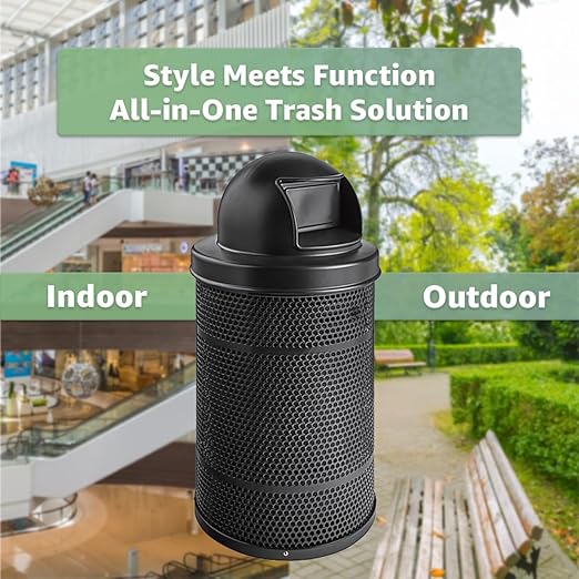 55 Gallon Perforated Recycle Container with Plastic Dome Lid, Steel Outdoor Heavy-Duty Commercial Trash Can, Black Round Waste Bin, Durable Garbage Can for Municipalities, Schools, Parks, Parking
