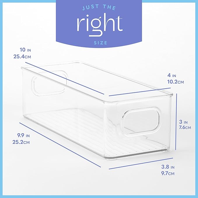 Plastic Food Storage 4 Pack Clear Container Bin with Handles for Organizing Kitchen, Pantry, Fridge, Freezer, Pantry,Bathroom. 10"x4"3"