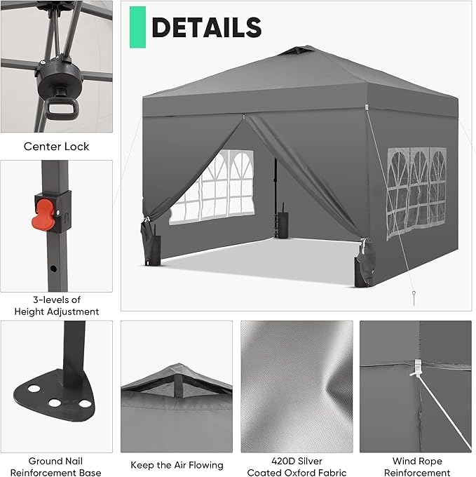 Saemoza 10x10 Pop Up Canopy Tent with One Push Setup, Portable Sun Shade Tent, Instant Easy Up Canopy with 4-Sidewalls & Handbag, Outdoor Fldable Gazebo with Vent Top, Grey.