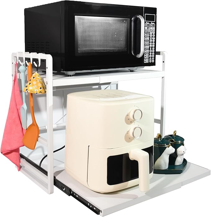 2-Tier Microwave Rack - Height Adjustable & Extendable Kitchen Shelf with Drawer - Carbon Steel - Includes Hooks & Reinforcement Suction Cups - Easy Assembly (White)