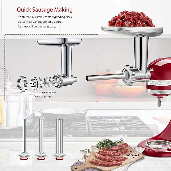 Stainless Steel Meat Grinder Attachment for KitchenAid Stand Mixer,Meat Grinder for KitchenAid Mixer Includes 3 Sausage Stuffer Dishwasher Safe Attachment by Gvode