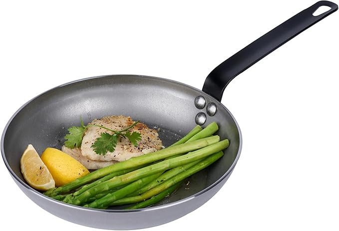 Restaurantware Met Lux 9.5 Inch Fry Pans, 6 No-Stick Frying Pans - Induction-Ready, Triple-Riveted, Silver Carbon Steel Cooking Skillets, Durable, For Searing, Sauteing, And Browning Food
