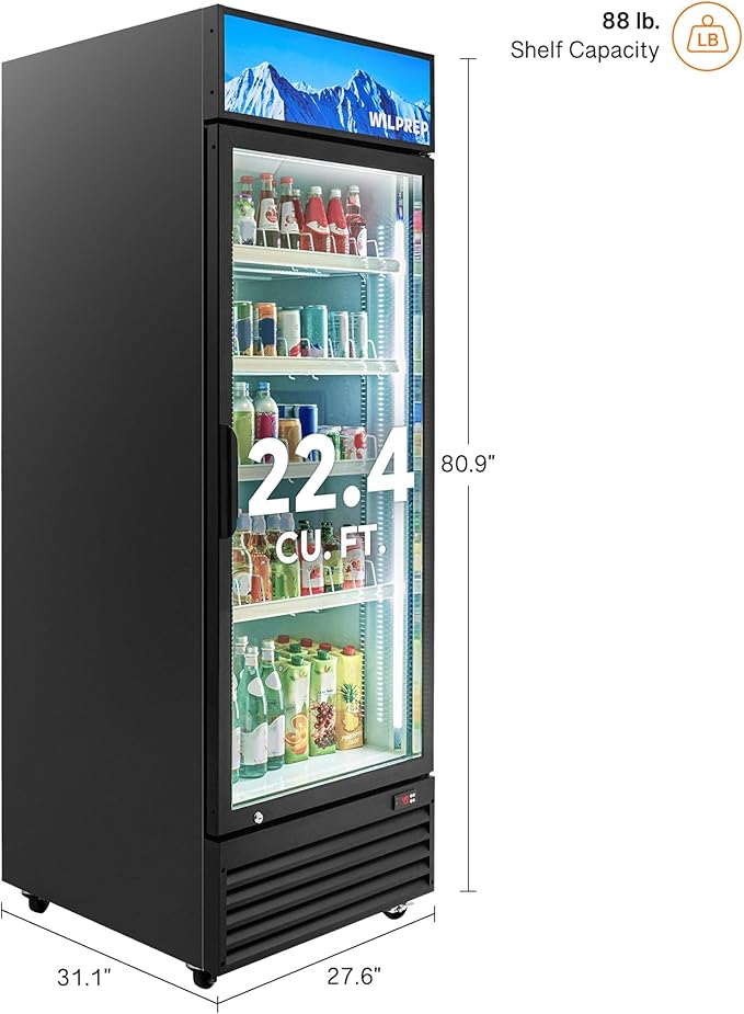 Wilprep Commercial Refrigerator, 22.4 cu. ft. Upright Beverage Display Refrigerator with LED Lighting, 27.6" Glass Door Merchandiser Cooler, ETL, ETL sanitation Listed