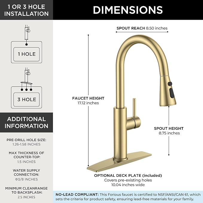 FORIOUS Kitchen Faucet with Pull Down Sprayer, High Arc Single Handle, Suitable - Image 3