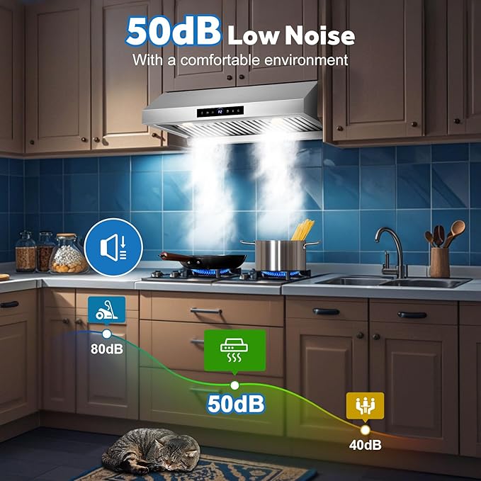 30 inch Range Hood Under Cabinet 1200 CFM with 4-Speed Gesture Sensing & Touch Control, Stainless Steel Kitchen Stove Vent Hoods with 2 LED Lights, Time Setting, Dishwasher-Safe Baffle Filters