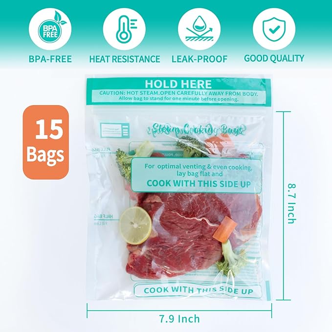 Microwave Steamer Bags 30 Pack Zip Steam Vegetable Cooking Bag for Potatoes Meat, 7.9 X 8.7 Inches