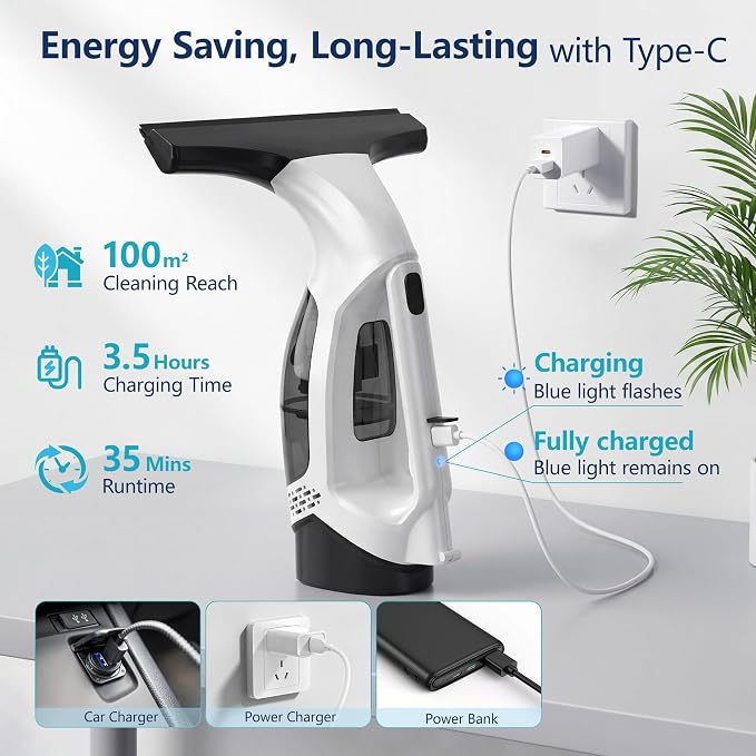 Window Vacuum Squeegee with Long Handle, 2000Pa Electric Window Squeegee | with - Image 5