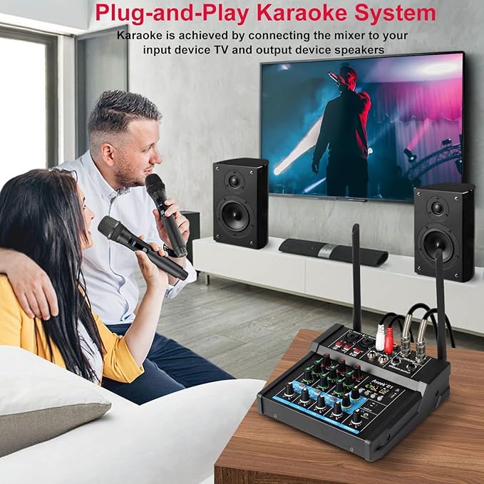 Aveek 150W x2 Powered Amplifier Audio Mixer,4 Channel with Dual Wireless Mic Sound Board Console MP3 Digital USB Bluetooth Computer Input 48V Phantom Power Stereo DJ Mixing for Karaoke Party